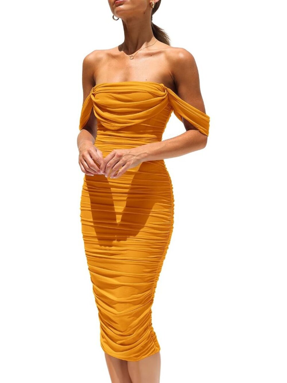 Women's Yellow Off Shoulder Bodycon Tube Midi Dress Stretchy Mesh Party Outfit